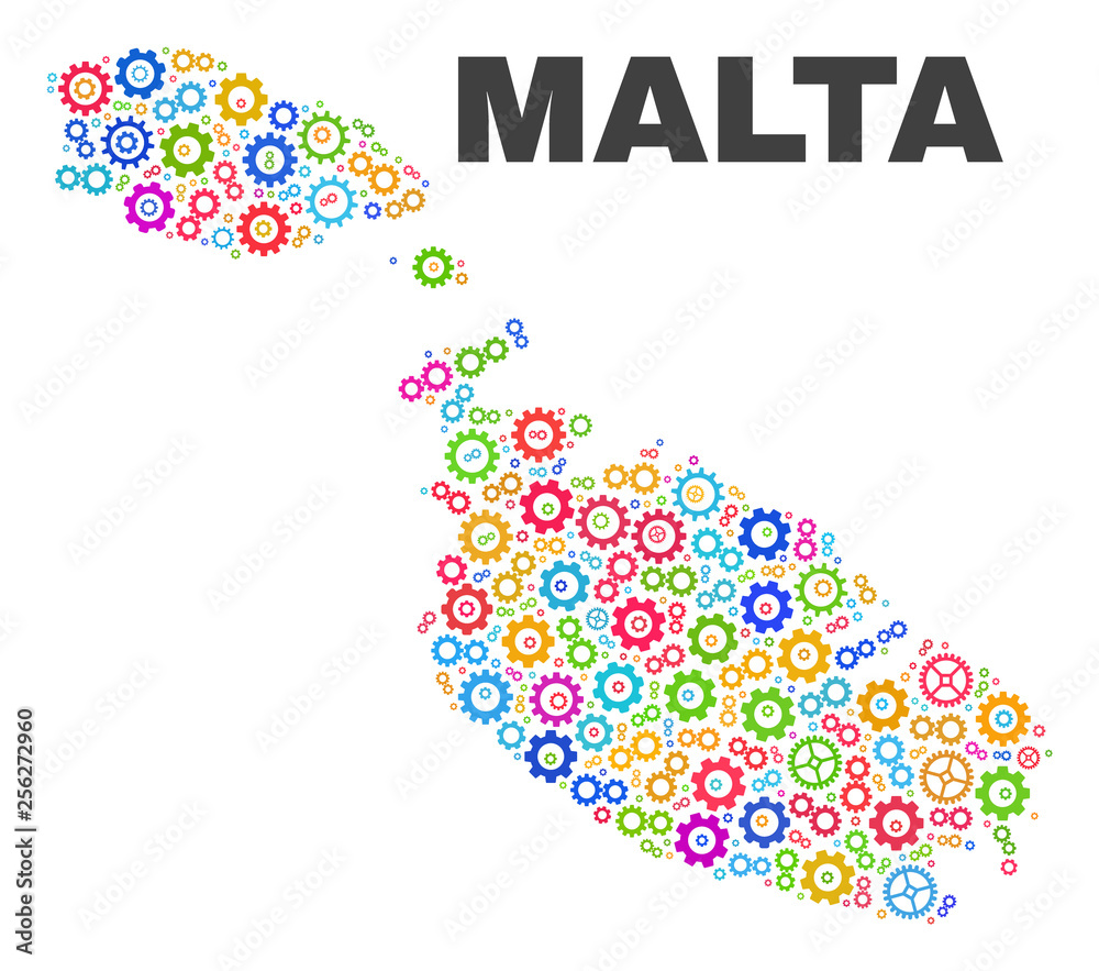 Mosaic technical Malta map isolated on a white background. Vector geographic abstraction in different colors. Mosaic of Malta map combined of random multi-colored wheel elements.