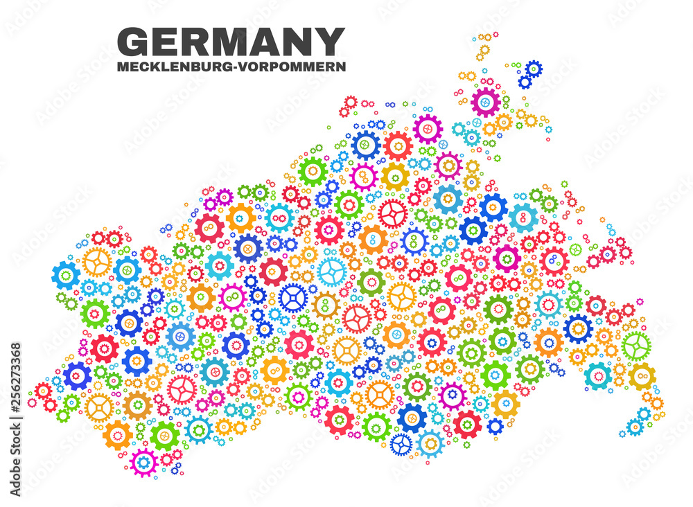 Mosaic technical Mecklenburg-Vorpommern Land map isolated on a white background. Vector geographic abstraction in different colors. Mosaic technical Mecklenburg-Vorpommern Land map isolated on a white background. Vector geographic abstraction in different colors.