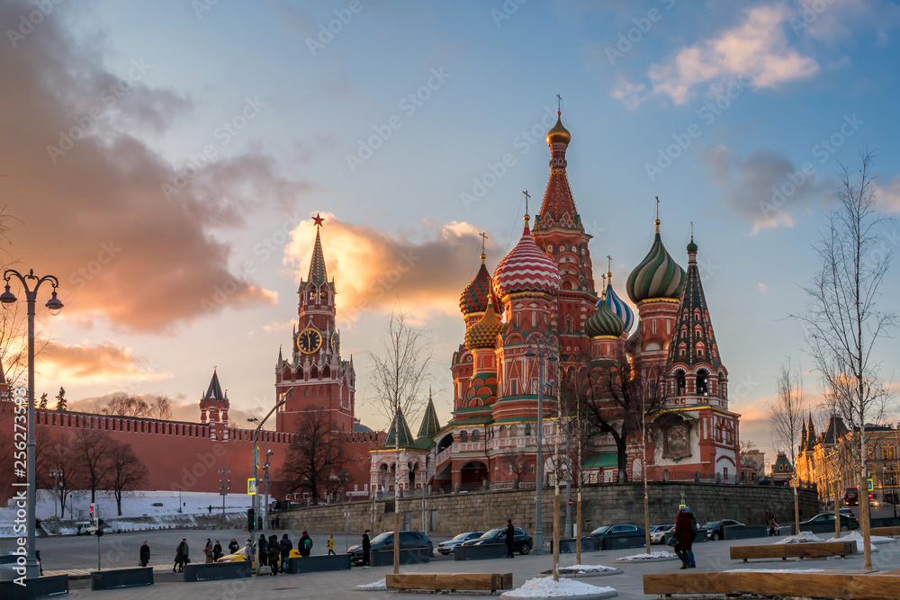 View of saint Basil cathedral and Spasskaya tower on Red Square. Moscow