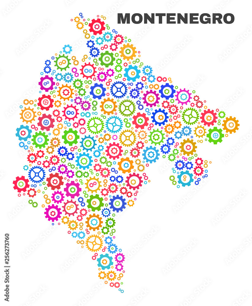 Mosaic technical Montenegro map isolated on a white background. Vector geographic abstraction in different colors. Mosaic of Montenegro map combined of scattered colorful gear items.