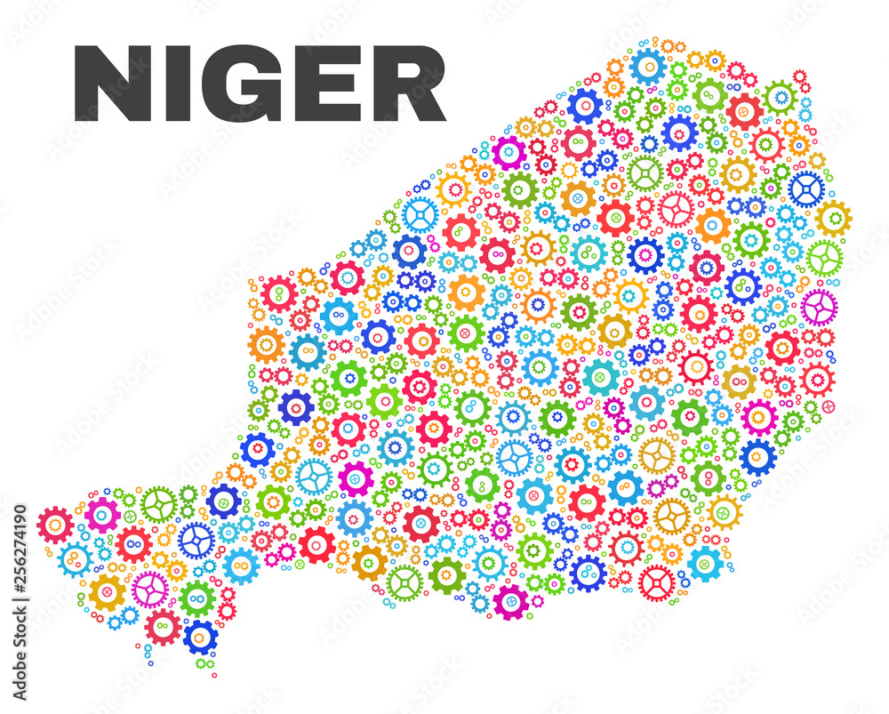 Mosaic technical Niger map isolated on a white background. Vector geographic abstraction in different colors. Mosaic of Niger map combined of scattered bright cogwheel elements. Mosaic technical Niger map isolated on a white background. Vector geographic abstraction in different colors. Mosaic of Niger map combined of scattered bright cogwheel elements.