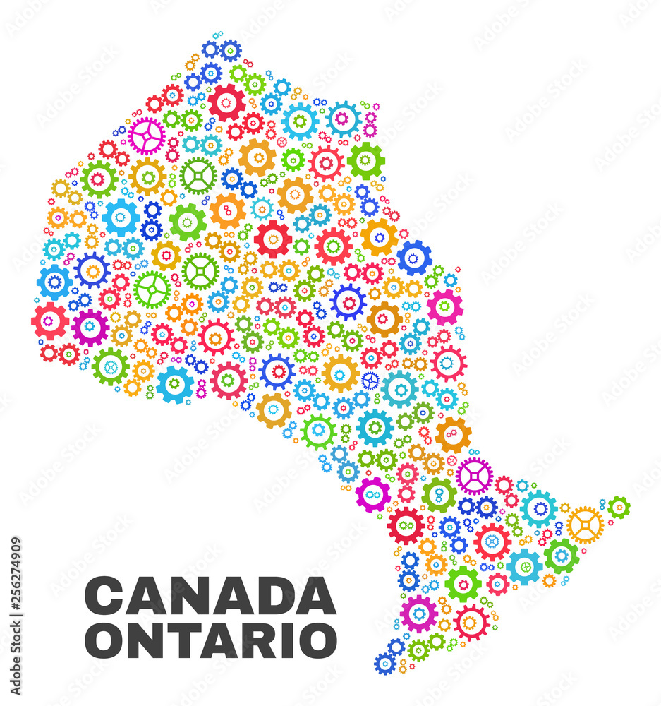 Mosaic technical Ontario Province map isolated on a white background. Vector geographic abstraction in different colors. Mosaic of Ontario Province map combined of random multi-colored wheel elements. Mosaic technical Ontario Province map isolated on a white background. Vector geographic abstraction in different colors. Mosaic of Ontario Province map combined of random multi-colored wheel elements.
