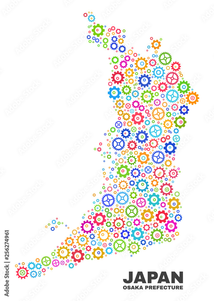 Mosaic technical Osaka Prefecture map isolated on a white background. Vector geographic abstraction in different colors. Mosaic of Osaka Prefecture map composed from random multi-colored cog items. Mosaic technical Osaka Prefecture map isolated on a white background. Vector geographic abstraction in different colors. Mosaic of Osaka Prefecture map composed from random multi-colored cog items.