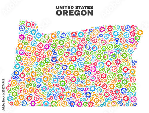 Mosaic technical Oregon State map isolated on a white background. Vector geographic abstraction in different colors. Mosaic of Oregon State map combined of random multi-colored gear elements.