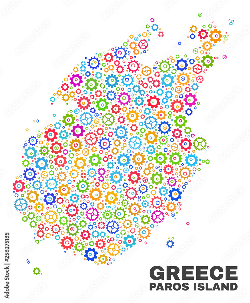 Mosaic technical Paros Island map isolated on a white background. Vector geographic abstraction in different colors. Mosaic of Paros Island map composed from scattered multi-colored gear elements. Mosaic technical Paros Island map isolated on a white background. Vector geographic abstraction in different colors. Mosaic of Paros Island map composed from scattered multi-colored gear elements.