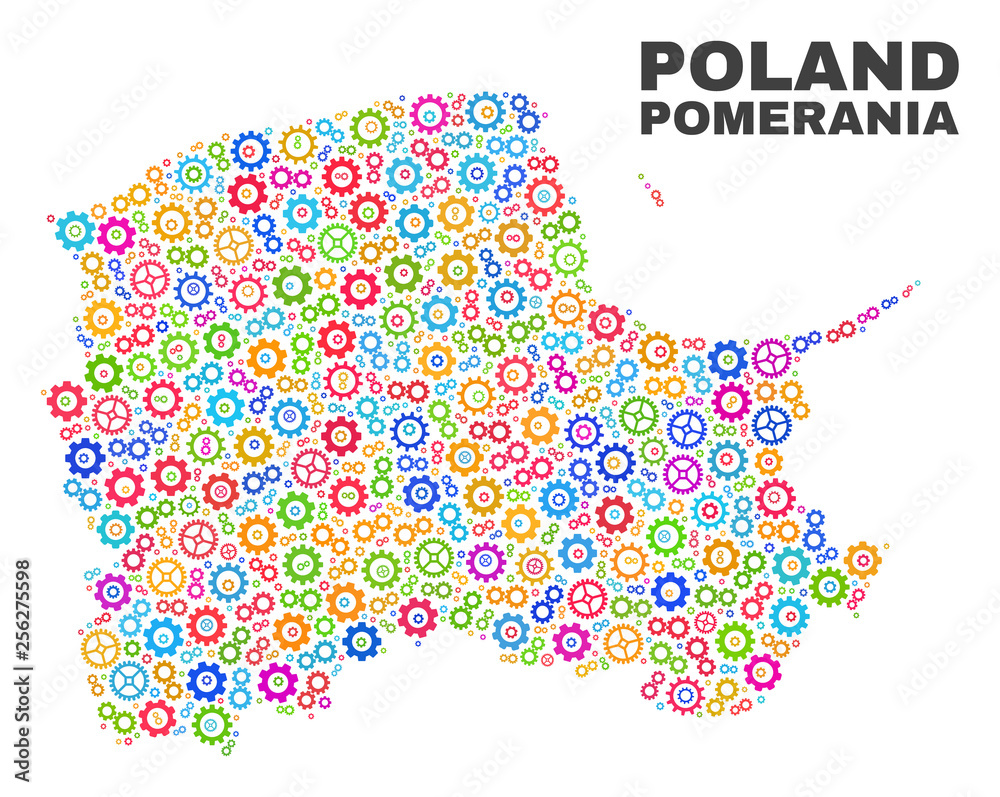 Mosaic technical Pomeranian Voivodeship map isolated on a white background. Vector geographic abstraction in different colors. Mosaic technical Pomeranian Voivodeship map isolated on a white background. Vector geographic abstraction in different colors.