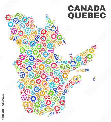 Mosaic technical Quebec Province map isolated on a white background. Vector geographic abstraction in different colors. Mosaic of Quebec Province map combined of scattered multi-colored wheel items.