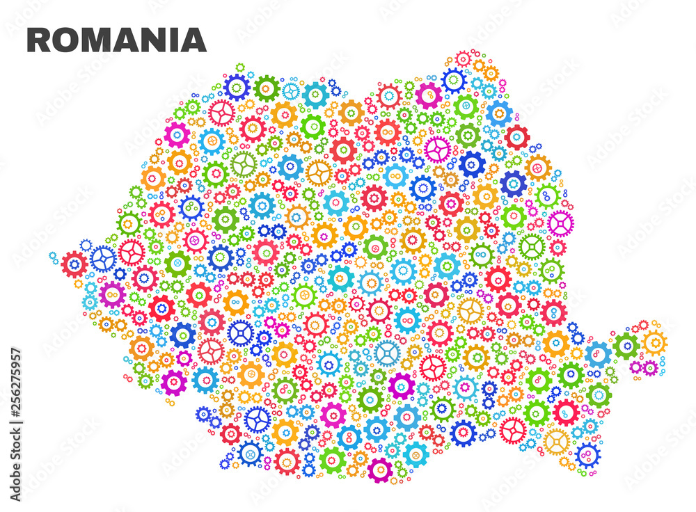 Mosaic technical Romania map isolated on a white background. Vector geographic abstraction in different colors. Mosaic of Romania map combined of scattered bright wheel elements. Mosaic technical Romania map isolated on a white background. Vector geographic abstraction in different colors. Mosaic of Romania map combined of scattered bright wheel elements.