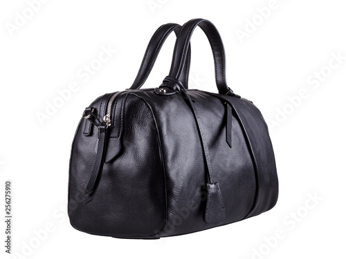 Black leather duffle bag isolated on white background