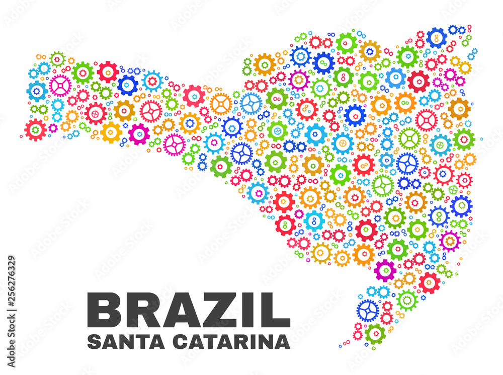 Mosaic technical Santa Catarina State map isolated on a white background. Vector geographic abstraction in different colors.