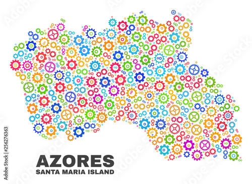 Mosaic technical Santa Maria Island map isolated on a white background. Vector geographic abstraction in different colors. Mosaic of Santa Maria Island map combined of random multi-colored gear items.