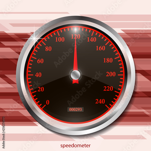 Speedometer on color abstract geometric background. Round black caliber with chrome frame. Bright neon speed indicators.