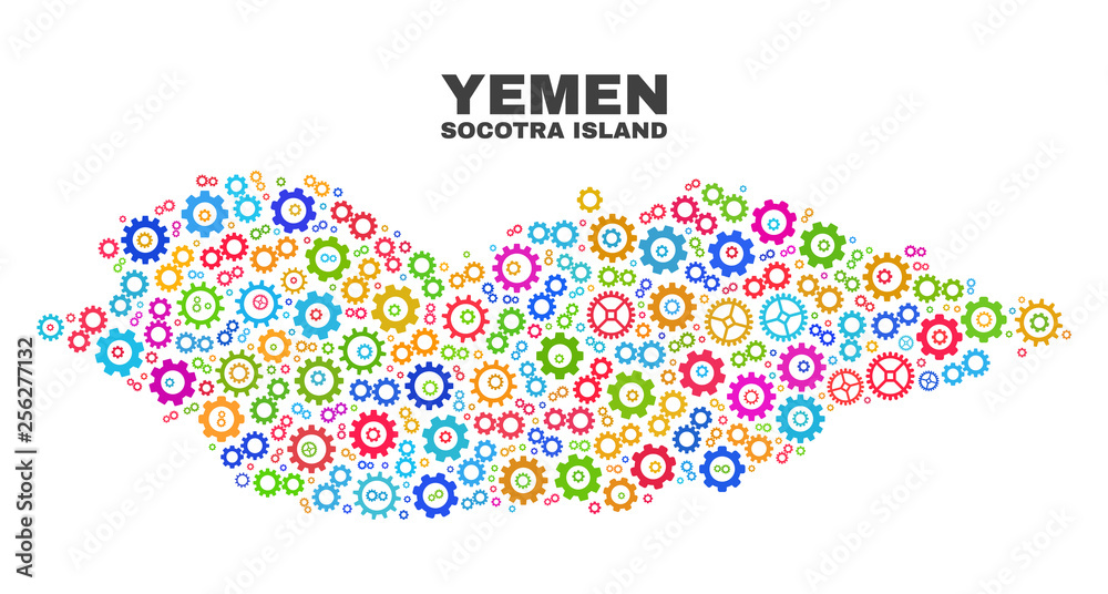 Mosaic technical Socotra Island map isolated on a white background. Vector geographic abstraction in different colors. Mosaic of Socotra Island map combined of random multi-colored wheel elements.