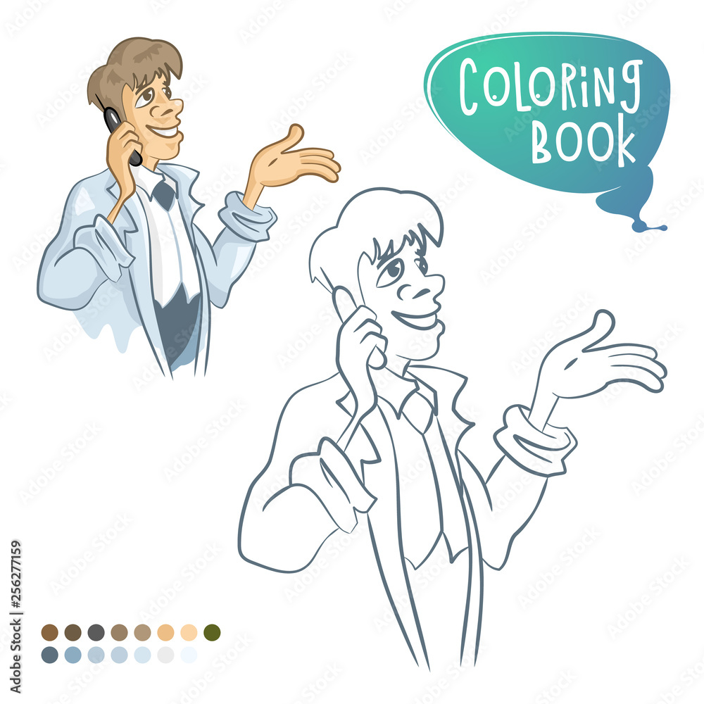 Businessman with a phone in his hand. Coloring book page. Cartoon Vector Illustration Businessman with a phone in his hand. Coloring book page. Cartoon Vector Illustration