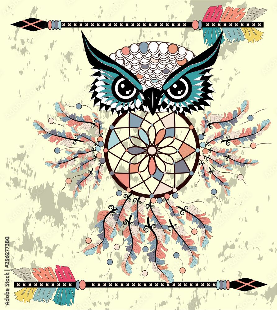 Patterned owl on the grunge background. African indian totem tattoo design.