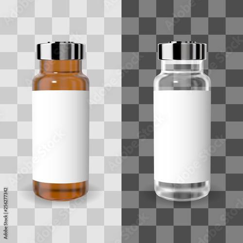 Realistic transparent brown and white medicine vial with label. Vector mockup.
