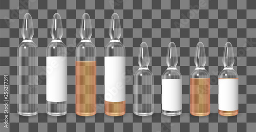 Realistic transparent brown and white medicine ampoule with label. Vector ampule mockup set.