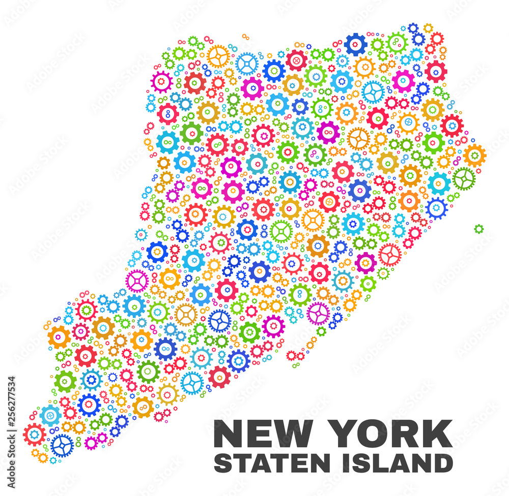 Mosaic technical Staten Island map isolated on a white background. Vector geographic abstraction in different colors. Mosaic of Staten Island map composed from random multi-colored wheel elements.