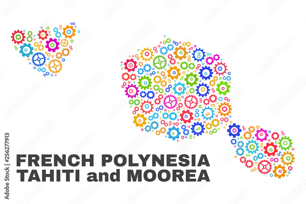 Mosaic technical Tahiti and Moorea islands map isolated on a white background. Vector geographic abstraction in different colors.