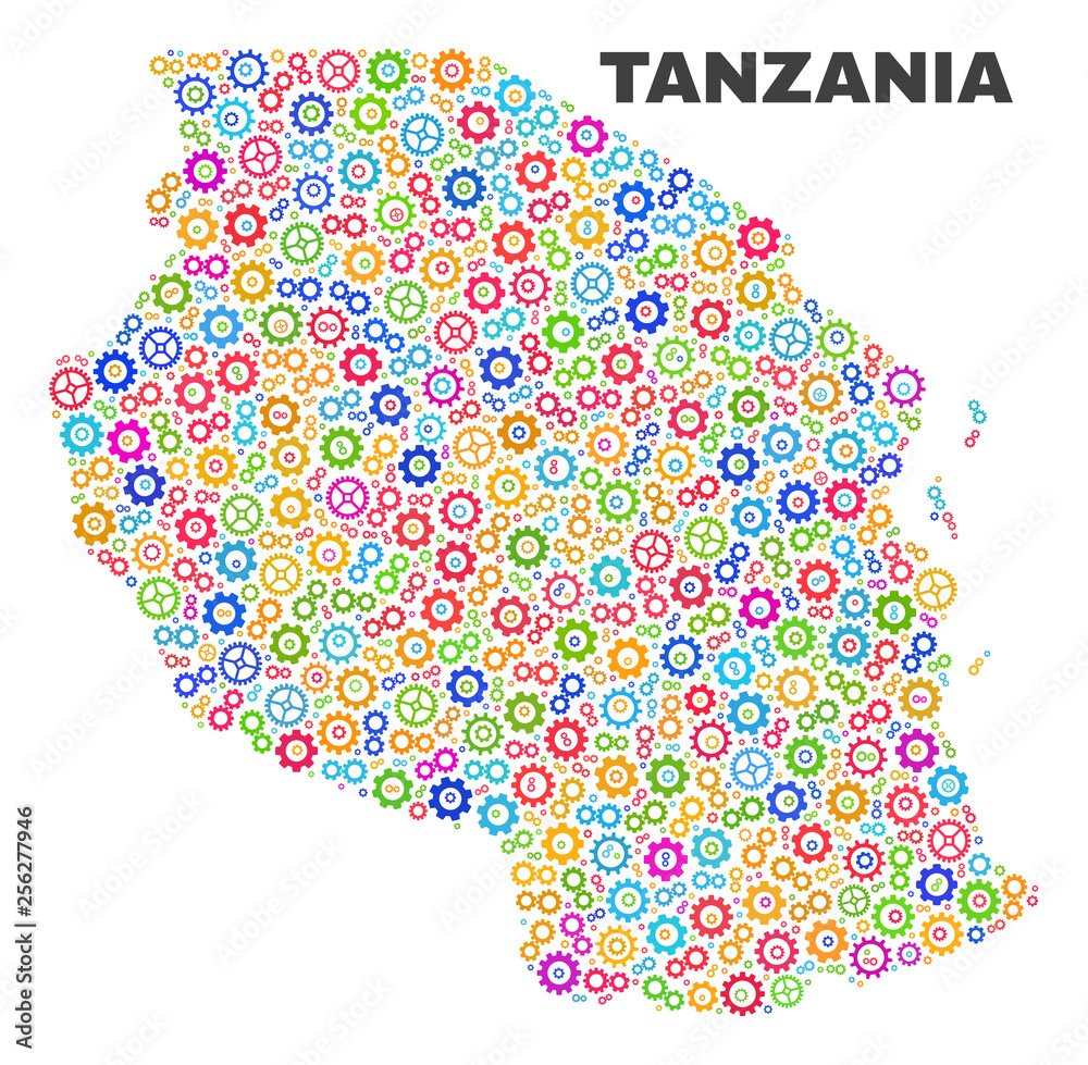 Mosaic technical Tanzania map isolated on a white background. Vector geographic abstraction in different colors. Mosaic of Tanzania map combined of scattered multi-colored cogwheel elements.