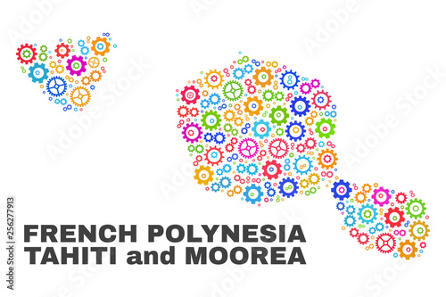 Mosaic technical Tahiti and Moorea islands map isolated on a white background. Vector geographic abstraction in different colors.