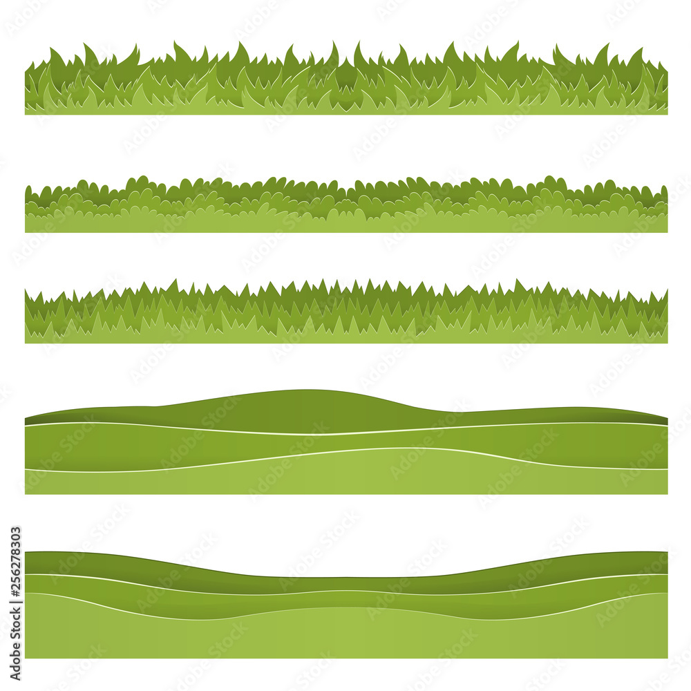 Set of horizontal backgrounds of grass and hills cut out of paper. Layered scenery