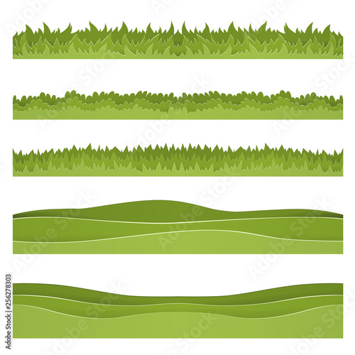 Set of horizontal backgrounds of grass and hills cut out of paper. Layered scenery