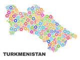 Mosaic technical Turkmenistan map isolated on a white background. Vector geographic abstraction in different colors. Mosaic of Turkmenistan map combined of scattered bright cog elements.