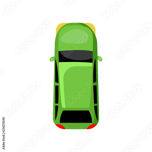 Green station wagon vehicle. Top view of family car. Can be used for topics like family trip, dealership, travel