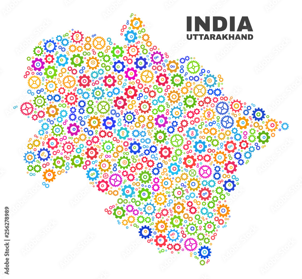 Mosaic technical Uttarakhand State map isolated on a white background. Vector geographic abstraction in different colors.