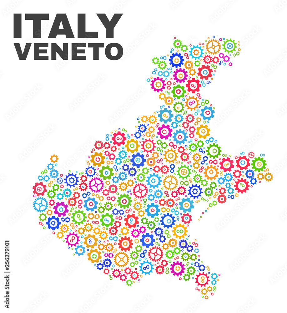 Mosaic technical Veneto region map isolated on a white background. Vector geographic abstraction in different colors. Mosaic of Veneto region map designed from scattered multi-colored gearwheel items.