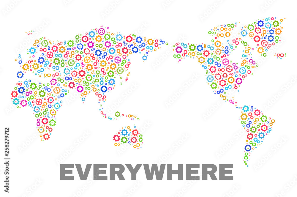 Fototapeta premium Mosaic technical world map isolated on a white background. Vector geographic abstraction in different colors. Mosaic of world map combined of scattered multi-colored gear elements.