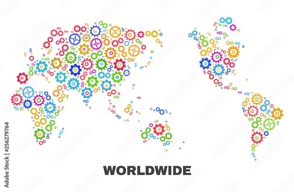 Mosaic technical worldwide map isolated on a white background. Vector geographic abstraction in different colors. Mosaic of worldwide map composed from random multi-colored cog elements.
