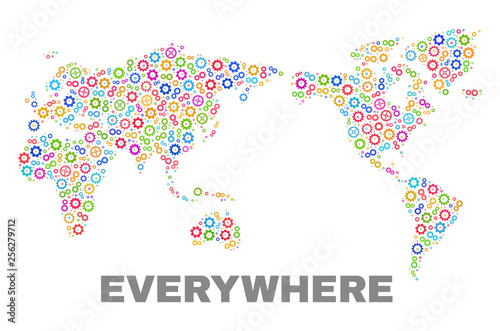 Mosaic technical world map isolated on a white background. Vector geographic abstraction in different colors. Mosaic of world map combined of scattered multi-colored gear elements.