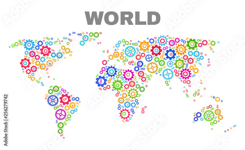 Mosaic technical world map isolated on a white background. Vector geographic abstraction in different colors. Mosaic of world map combined of random multi-colored cog items.