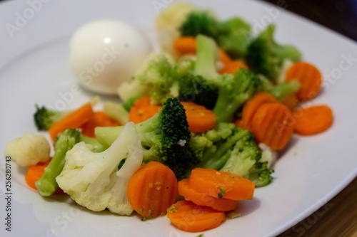 Cooked colorful vegetables with eggs on the plate. Slovakia