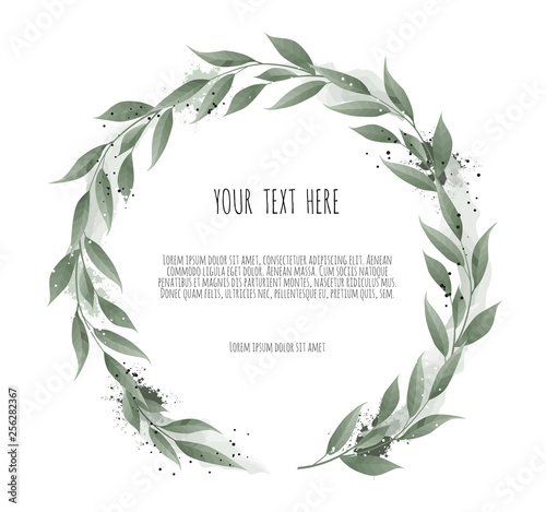 Floral wreath with green eucalyptus leaves, flower rose, anemone . Frame border with copy space eps10