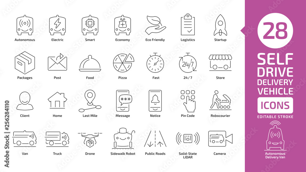 Fototapeta Driverless autonomous delivery vehicle line icon set. Self drive van car, drone, robocourier and truck for packages, post, pizza and food transportation.