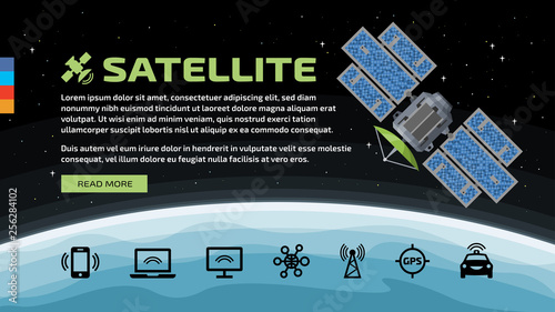 Vector template of flat communication satellite in space with telecom icons, earth, text and button on a stars background.