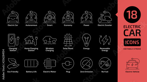Electric car line icon set. Electricity vehicle and charging station editable stroke outline pictogram collection on a black background.