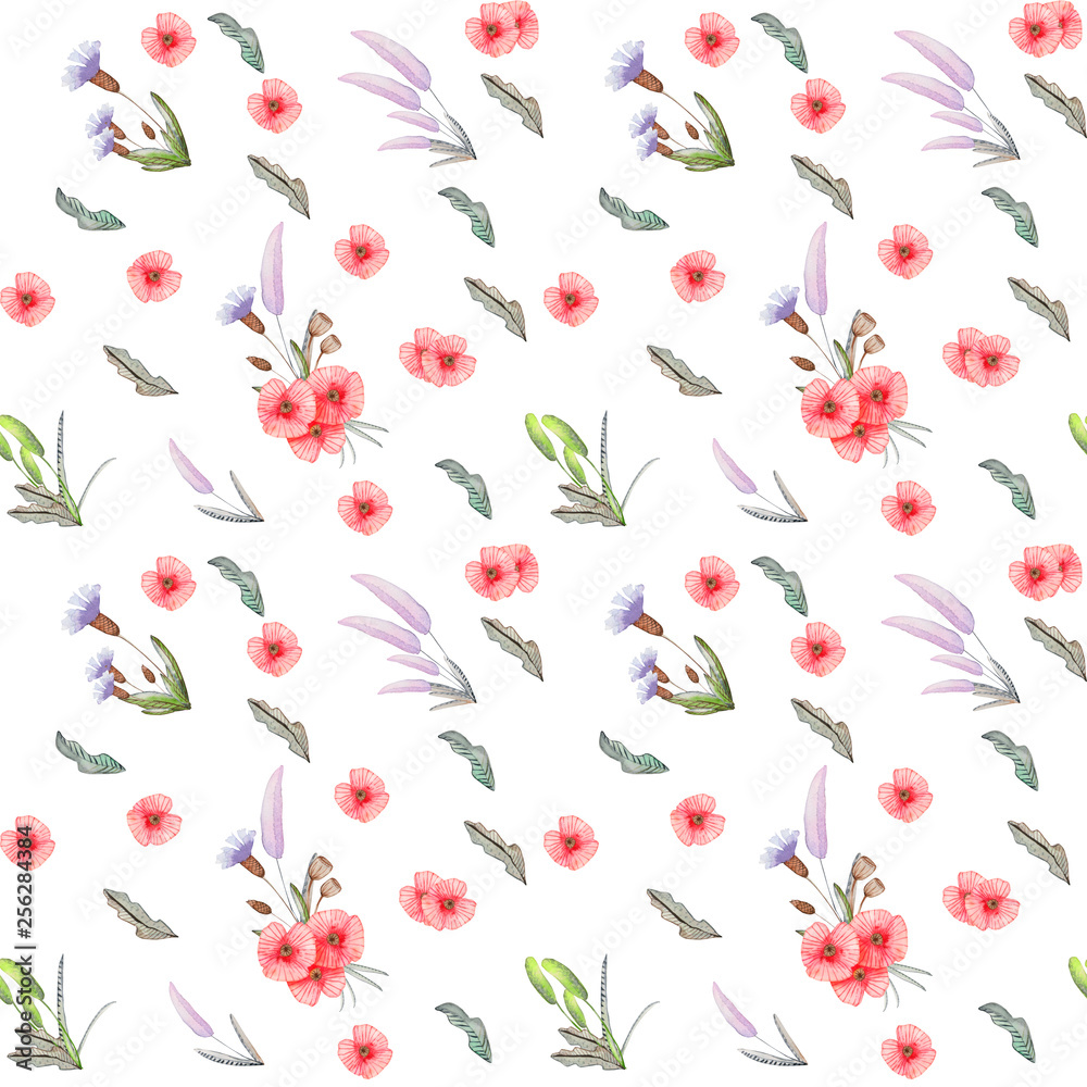 Watercolor seamless pattern with poppies and wildflowers Watercolor seamless pattern with poppies and wildflowers