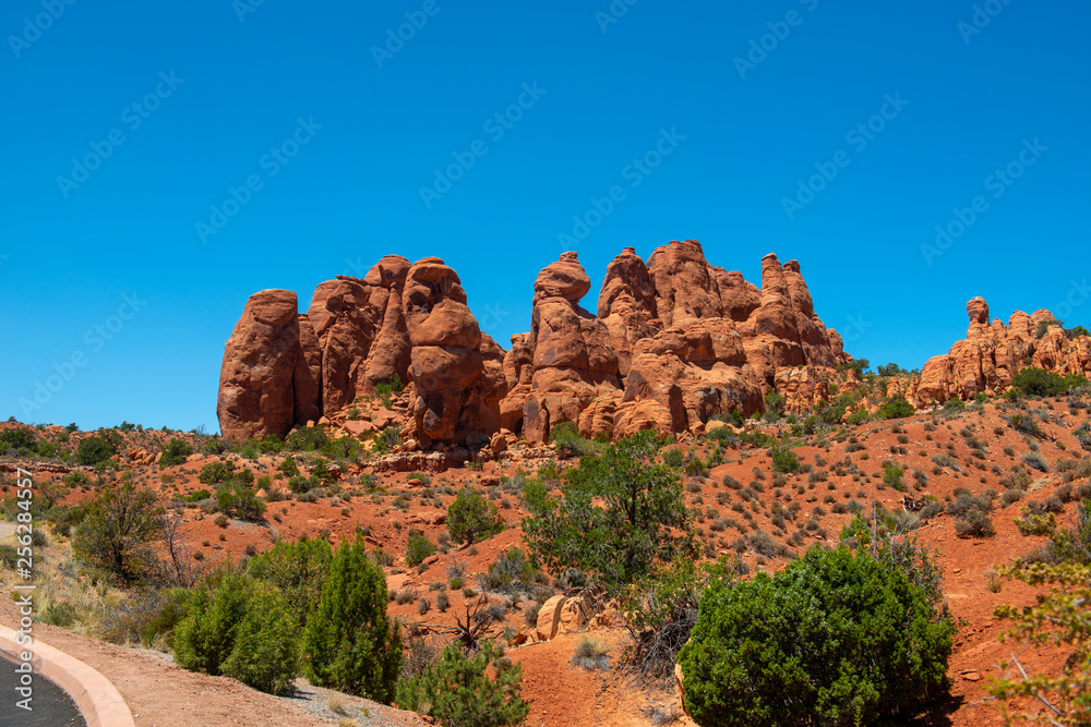 Mesa and Butte landscape near south of Sand Dune Arch in Arches National Park, Moab, Utah, USA.