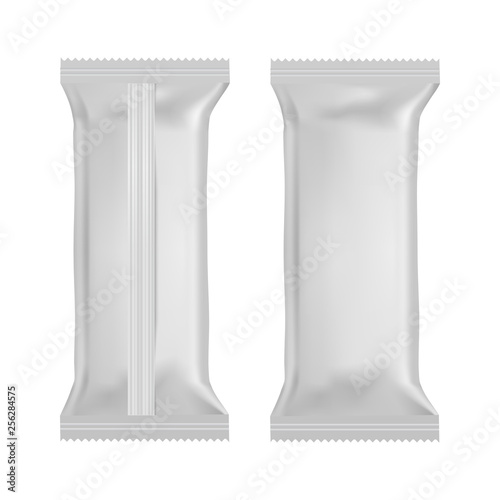 Realistic food snack pillow bags. Front and back view. Mock up. Vector.