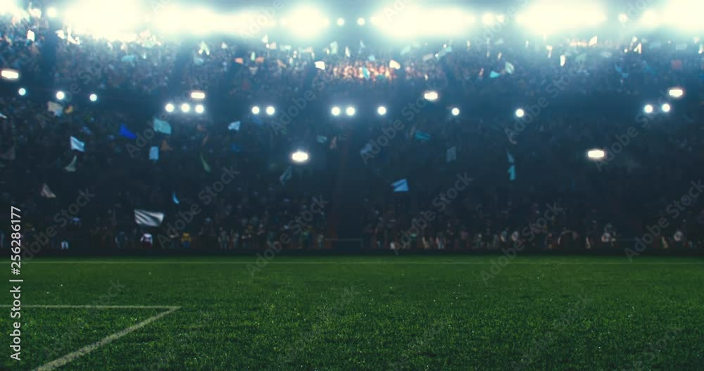 4k resolution footage of a dramatic soccer stadium. The stadium was made in 3d without using existing references. The crowd and light on the stadium are animated.