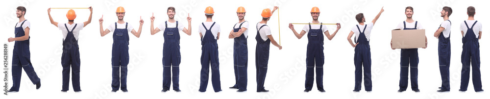 panoramic collage of male handyman isolated on white panoramic collage of male handyman isolated on white