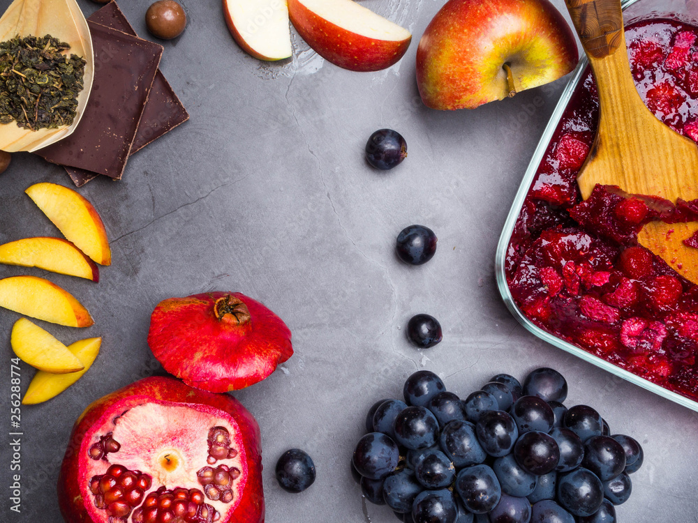 mix of fresh fruits berries, chocolate rich with resveratrol,raw food