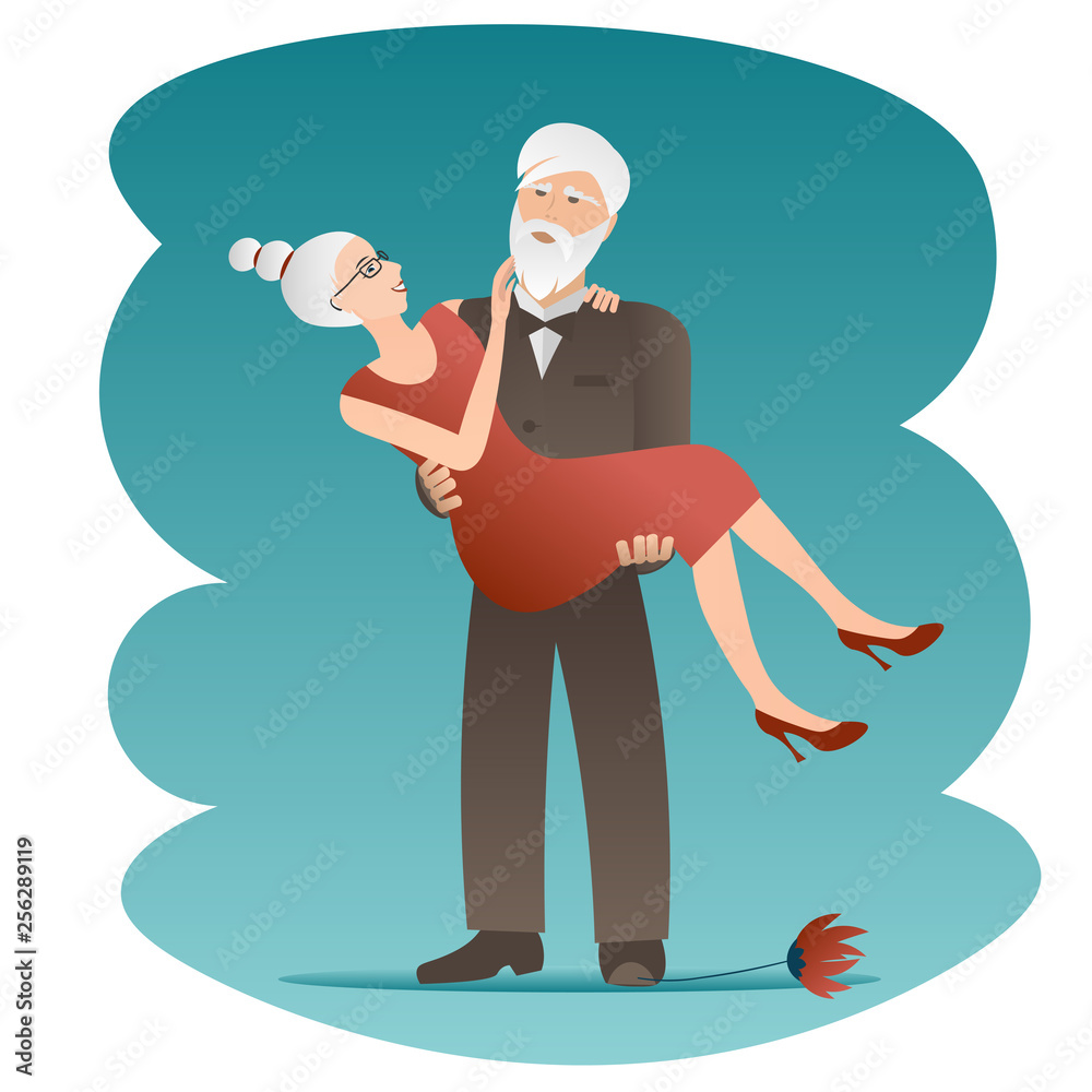 Fototapeta premium Old husband and wife celebrate the anniversary of long years of marriage. Senior man carring woman in his arms, elderly romantic couple in love vector Illustration