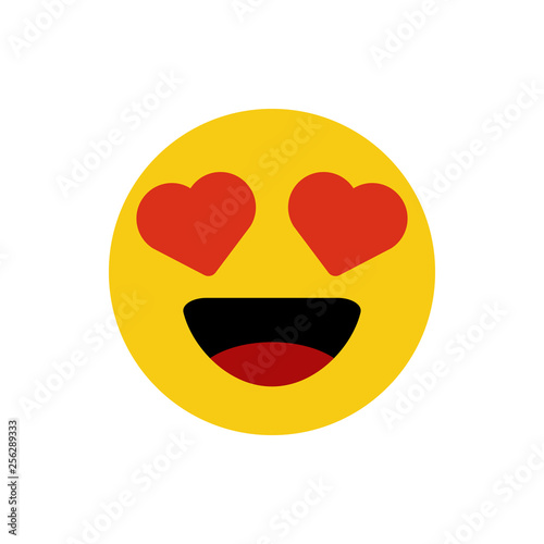 Vector Emoji yellow stupid smiley face with red heart eyes and mouth on white background. Funny cartoon Emoji icon. 3D illustration for chat or message.