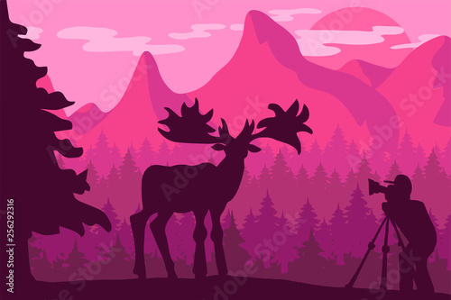 Wildlife, nature photographer flat vector illustration