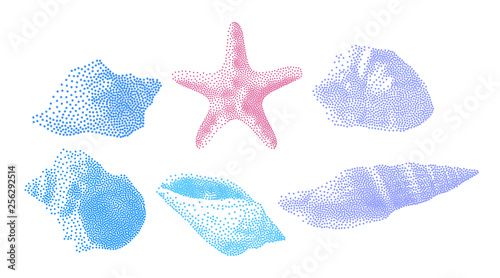 Set of Seashells on white background, seashells in Pointillism style, Vector illustration